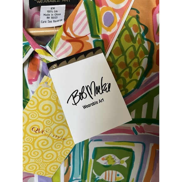 NWT Bob Mackie Multicolored 100% Silk Short Sleeve Button Down Blouse Size 2X - Picture 6 of 9
